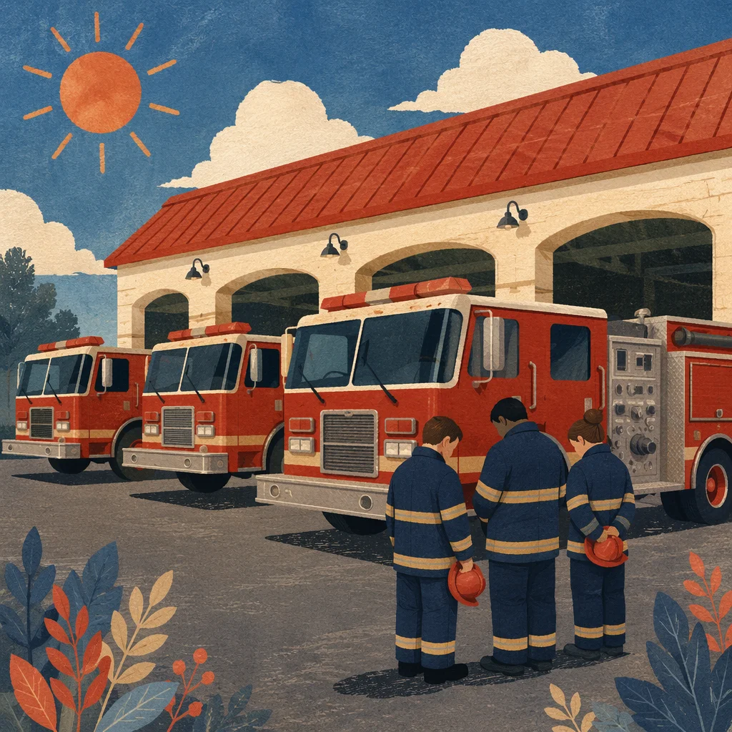 Firefighters Praying Outside Sunny Fire Station