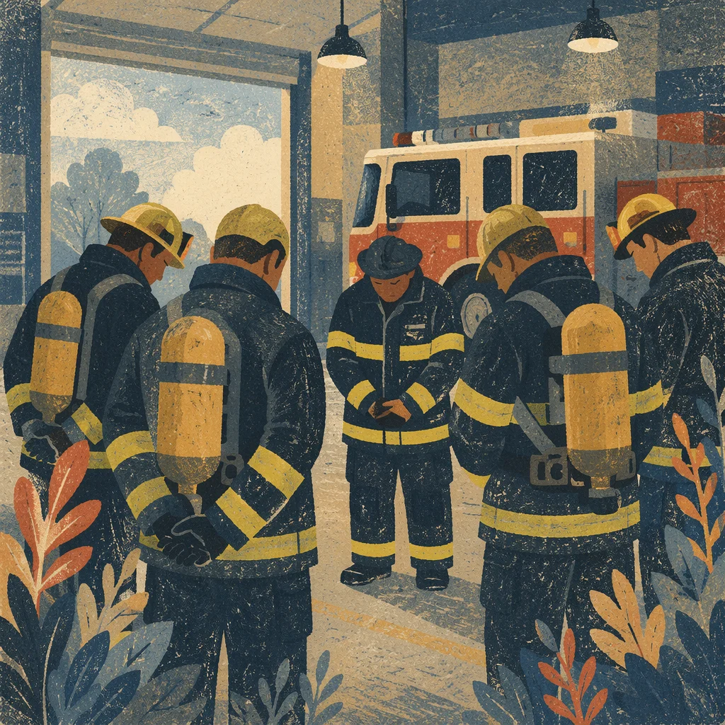 Firefighters Praying Quietly in Fire Station