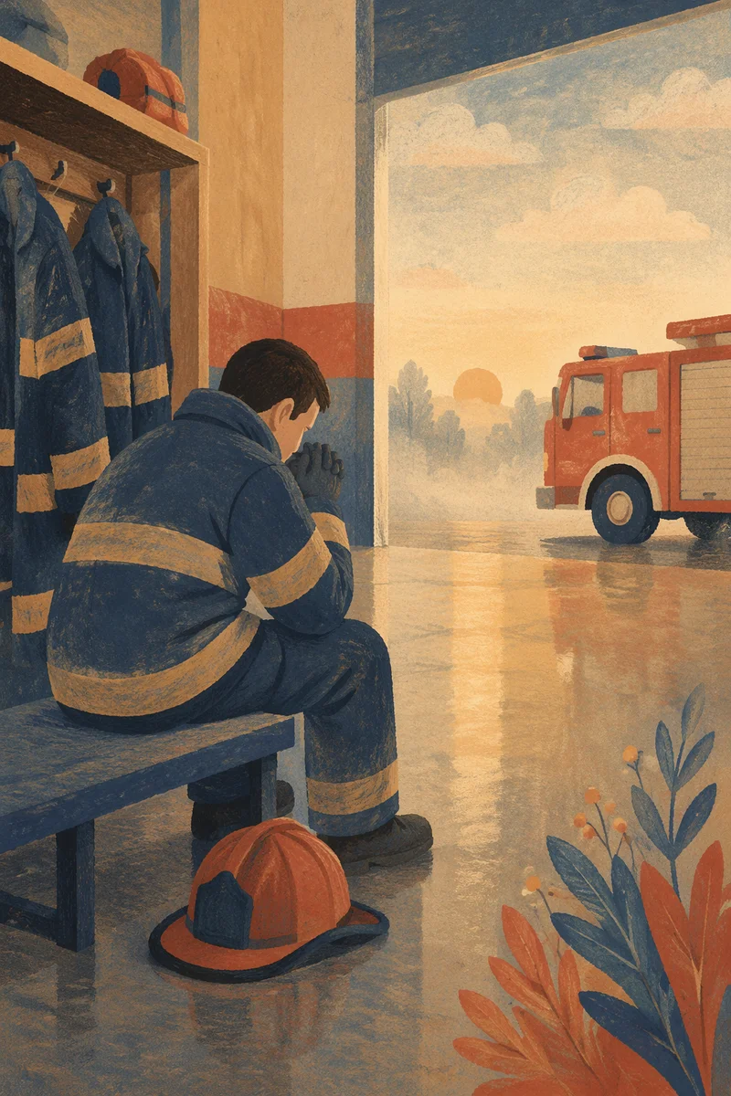 Firefighter Praying Quietly at Dawn Station