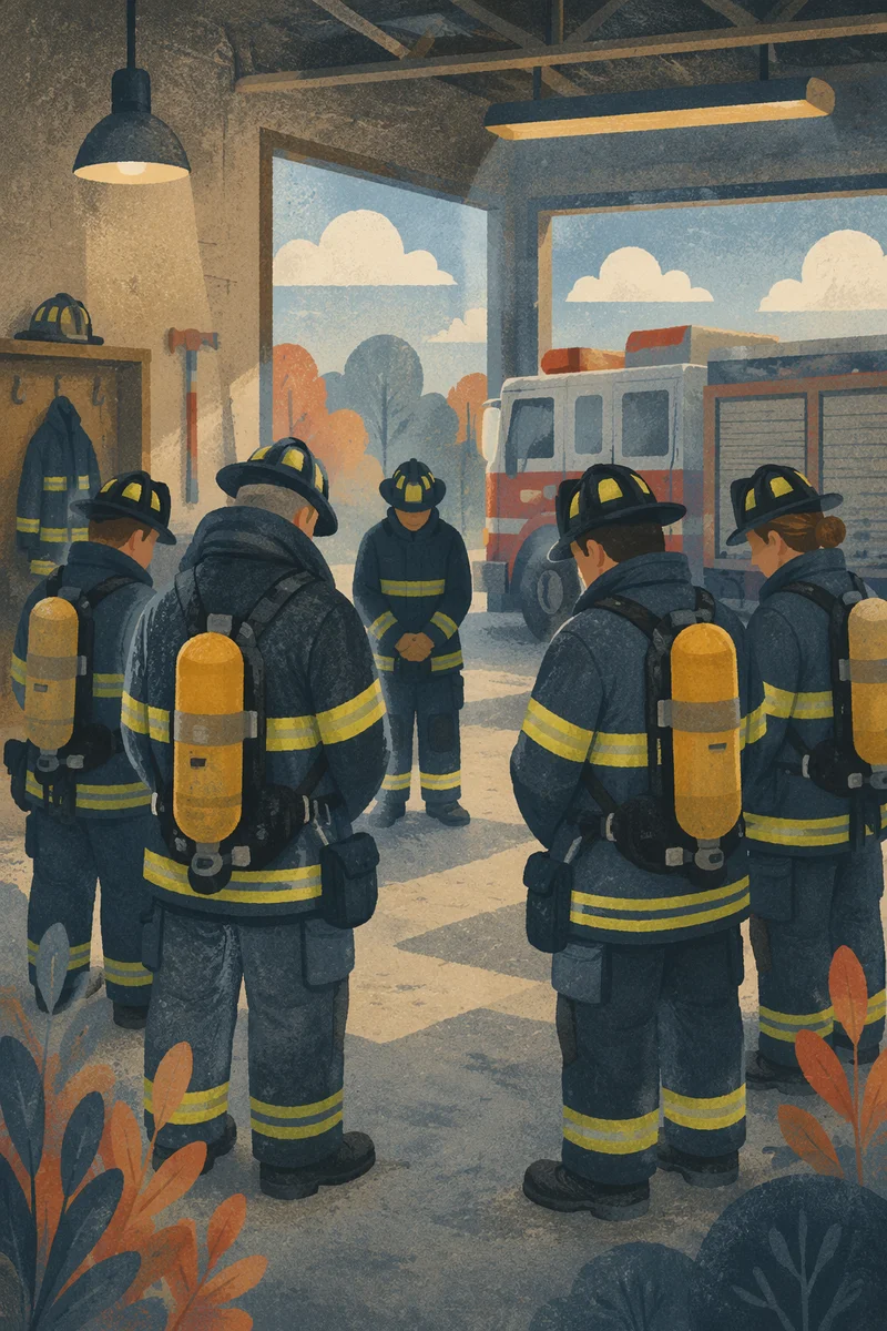 Firefighters Praying Quietly in Fire Station