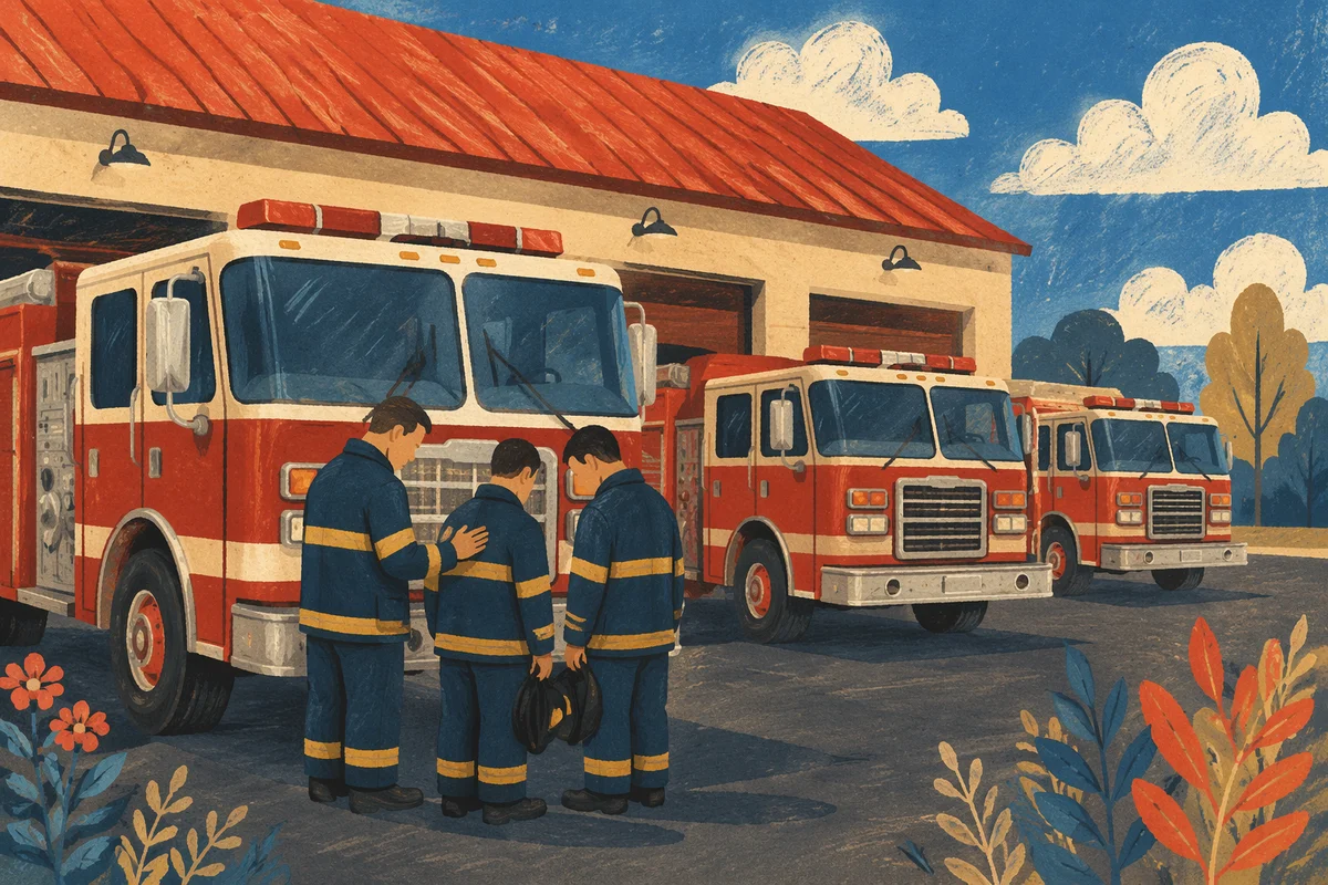 Firefighters Praying Outside Fire Station