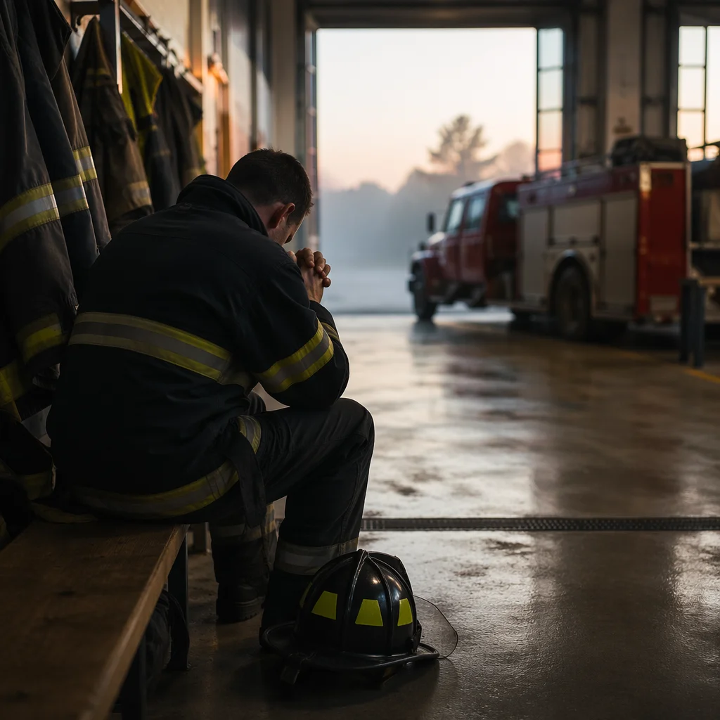 Firefighter Prayer at Dawn in Station