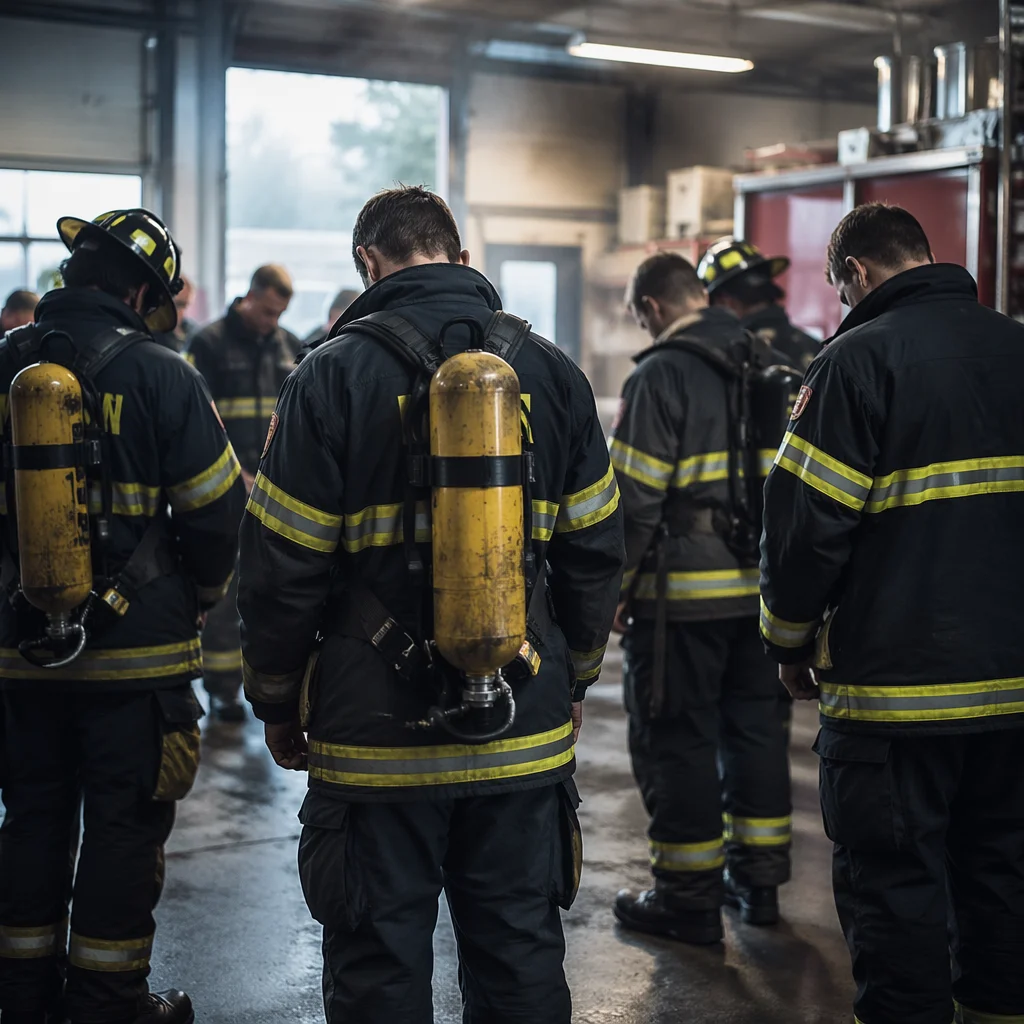 Firefighters in Prayer at Fire Station