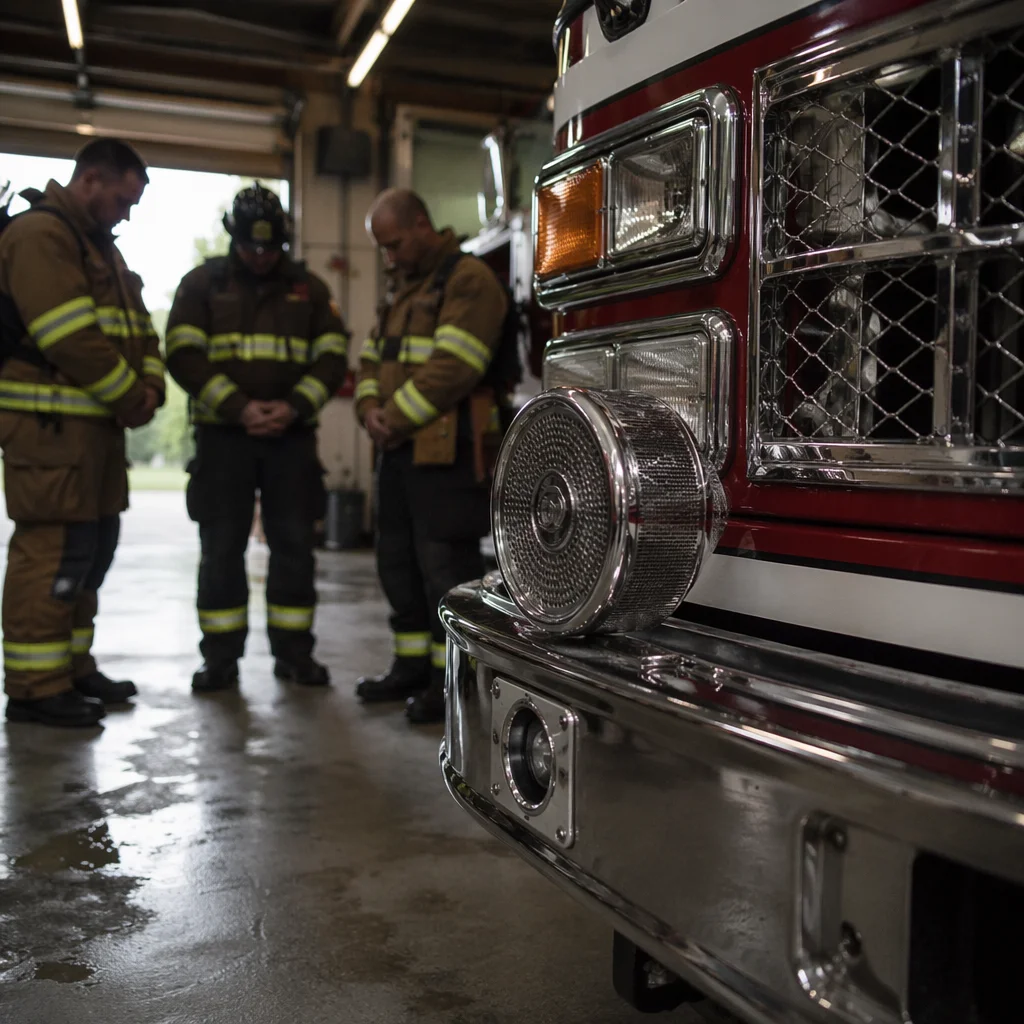 Firefighters Praying Beside Engine in Station