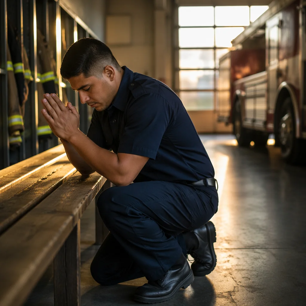 Firefighter Praying at Dawn in Fire Station