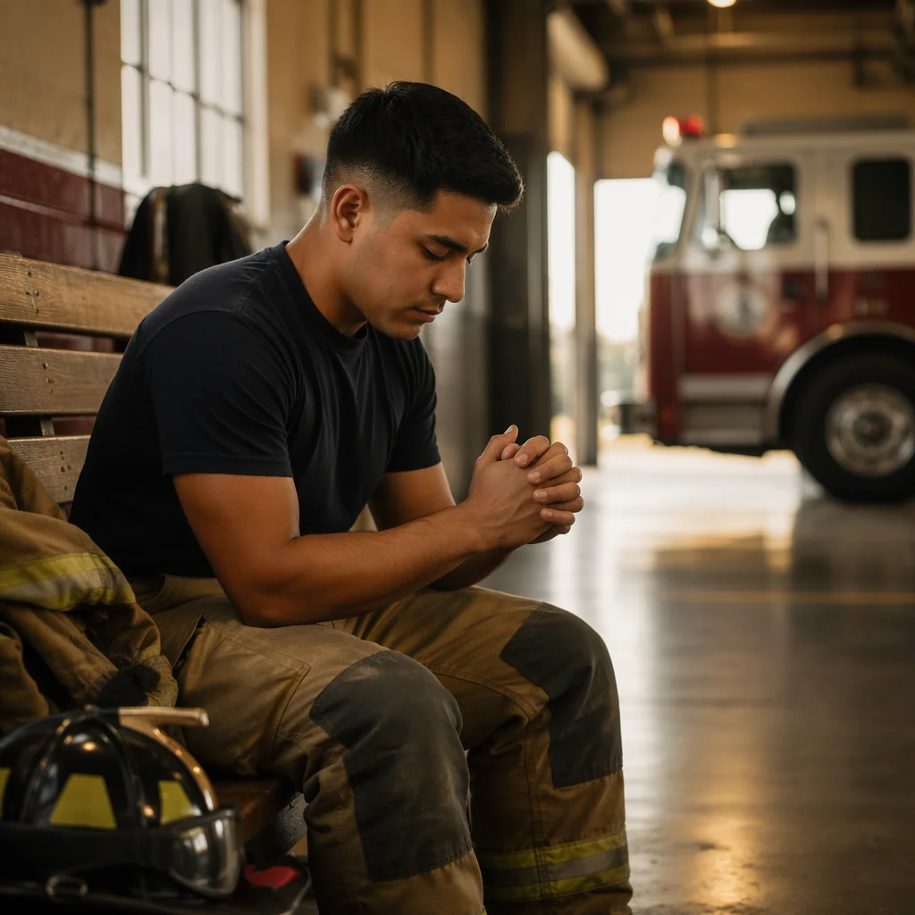 Firefighter Praying Quietly at Dawn Station