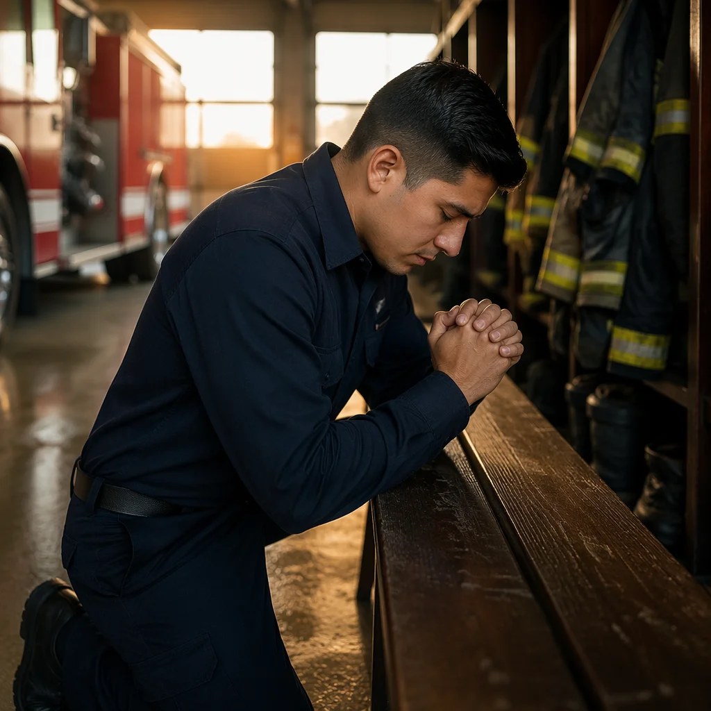 Firefighter Praying at Dawn in Fire Station