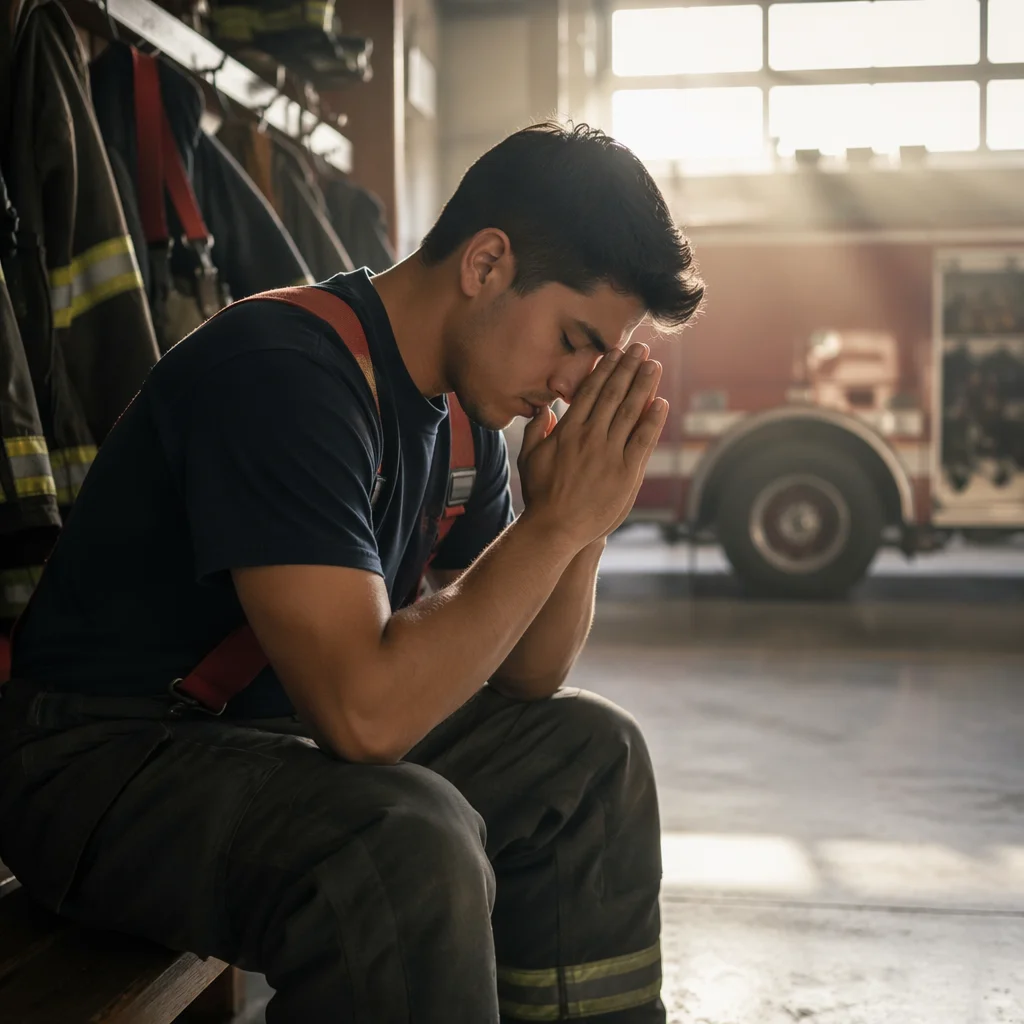 Firefighter Prayer at Dawn in Station