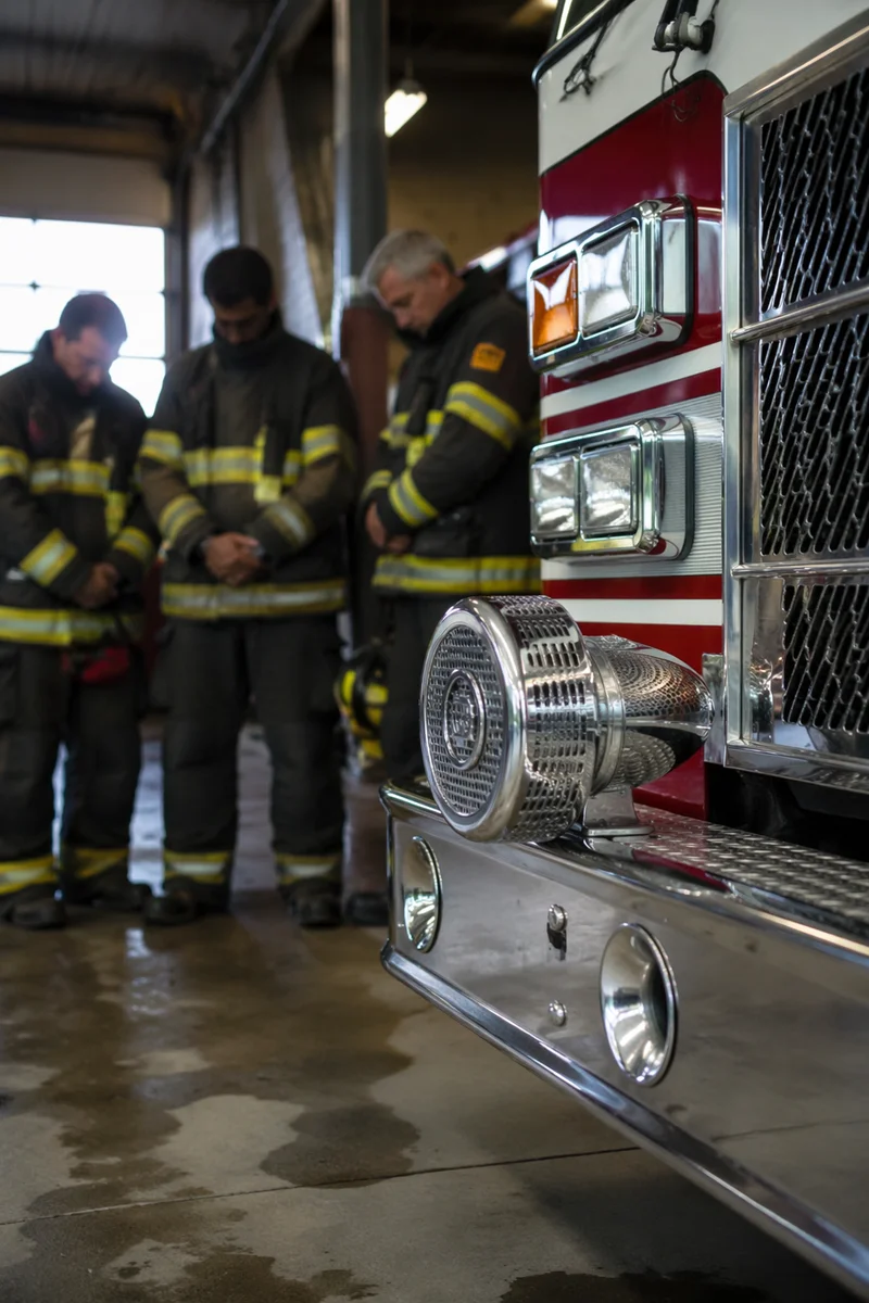 Firefighters Praying Beside Engine in Station