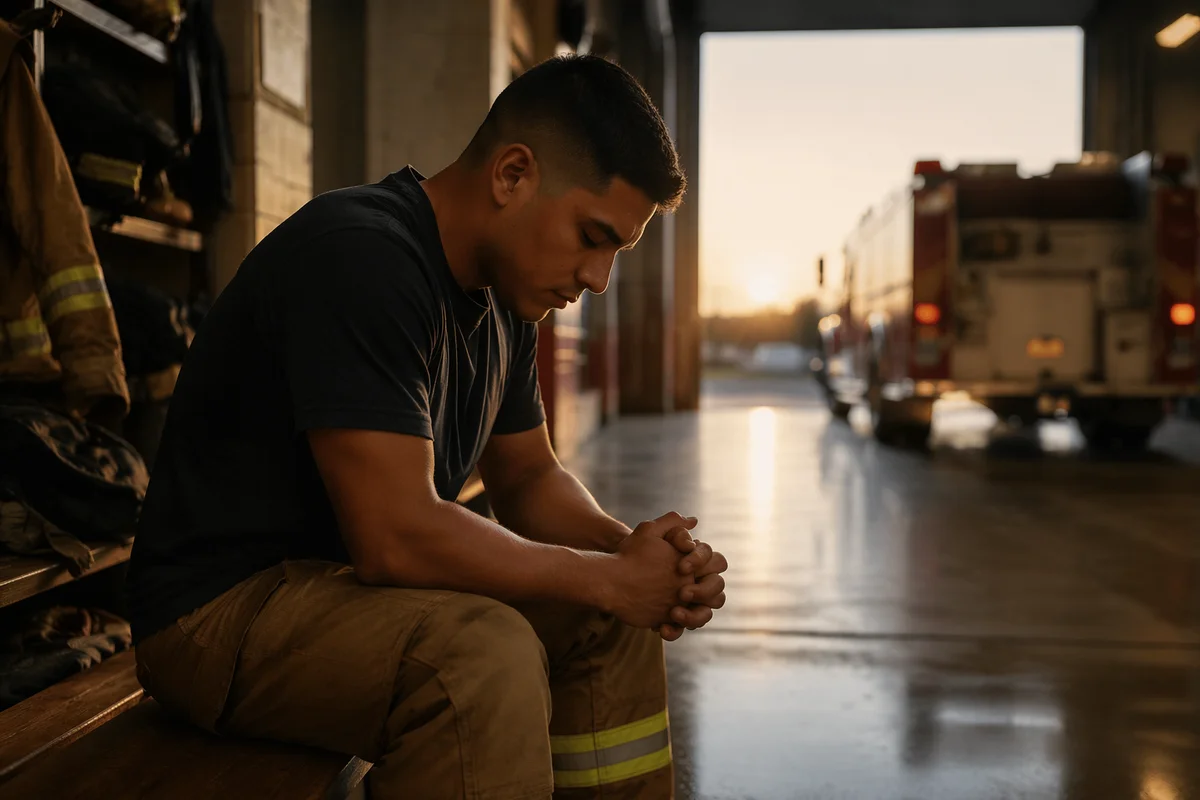 Firefighter Praying on Bench at Dawn