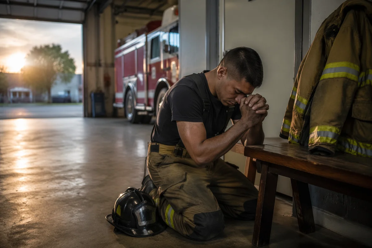 Firefighter Praying Alone in Station Bay
