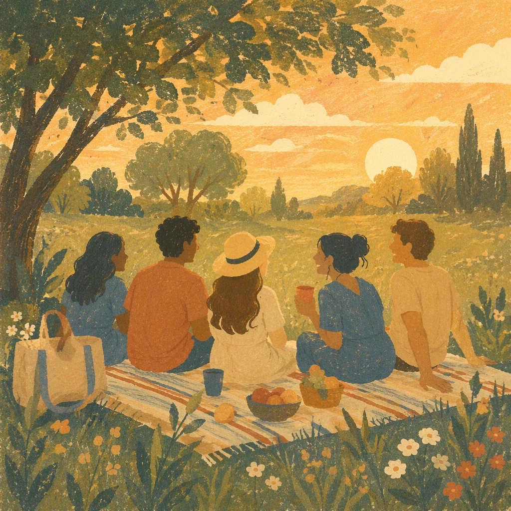 Friends Laughing in Golden Hour Meadow