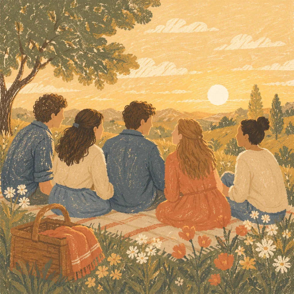 Friends Laughing on Golden Hillside
