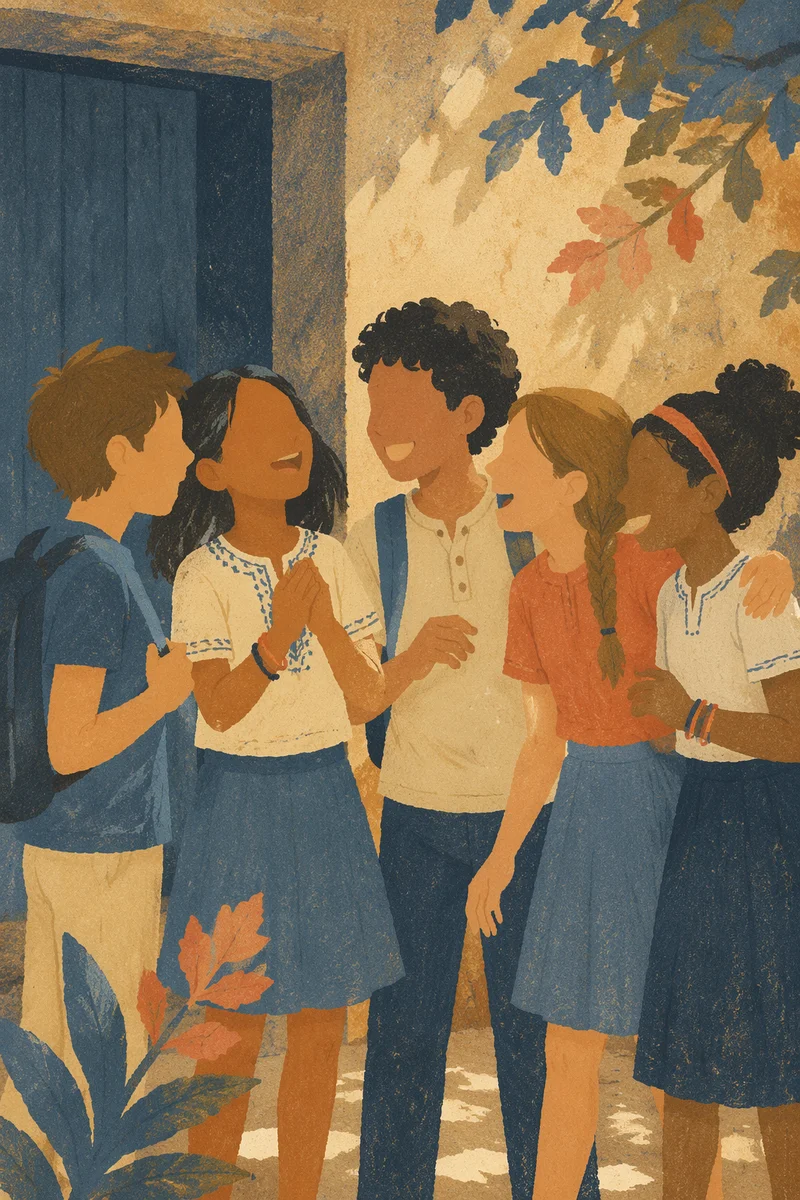 Joyful School Friends Laughing in Courtyard