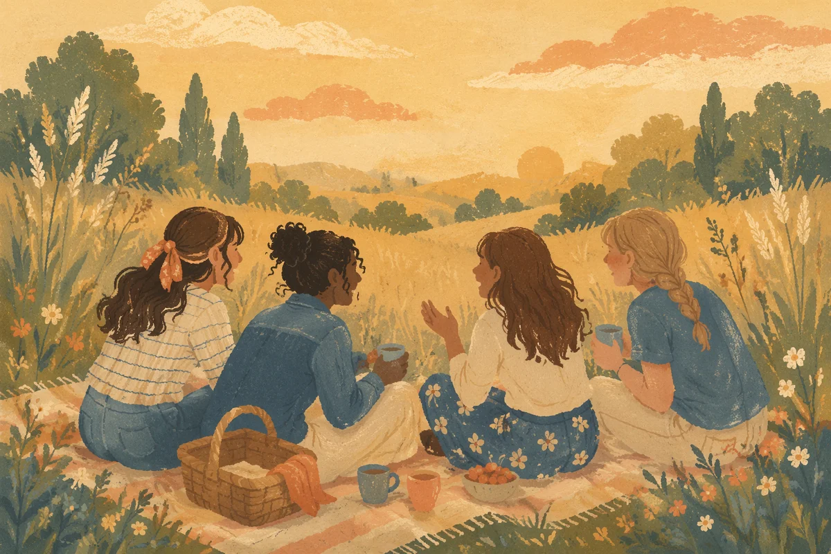 Friends Laughing in Golden Meadow Light