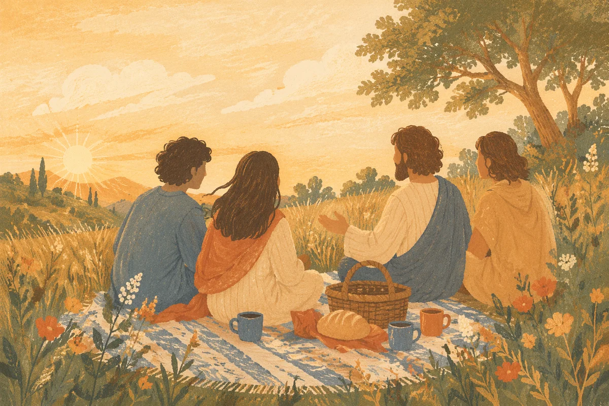 Friends Laughing on a Golden Hillside