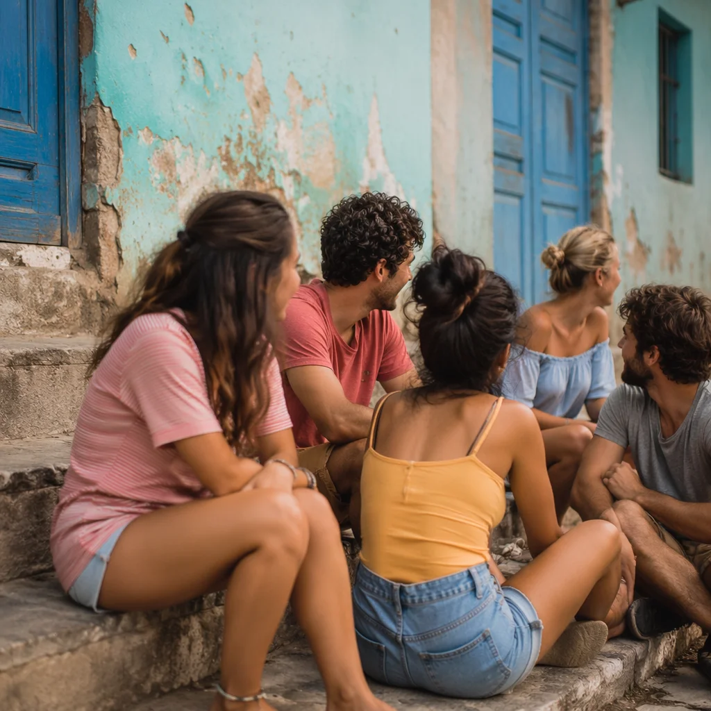 Young Friends Laughing on Rustic Outdoor Steps