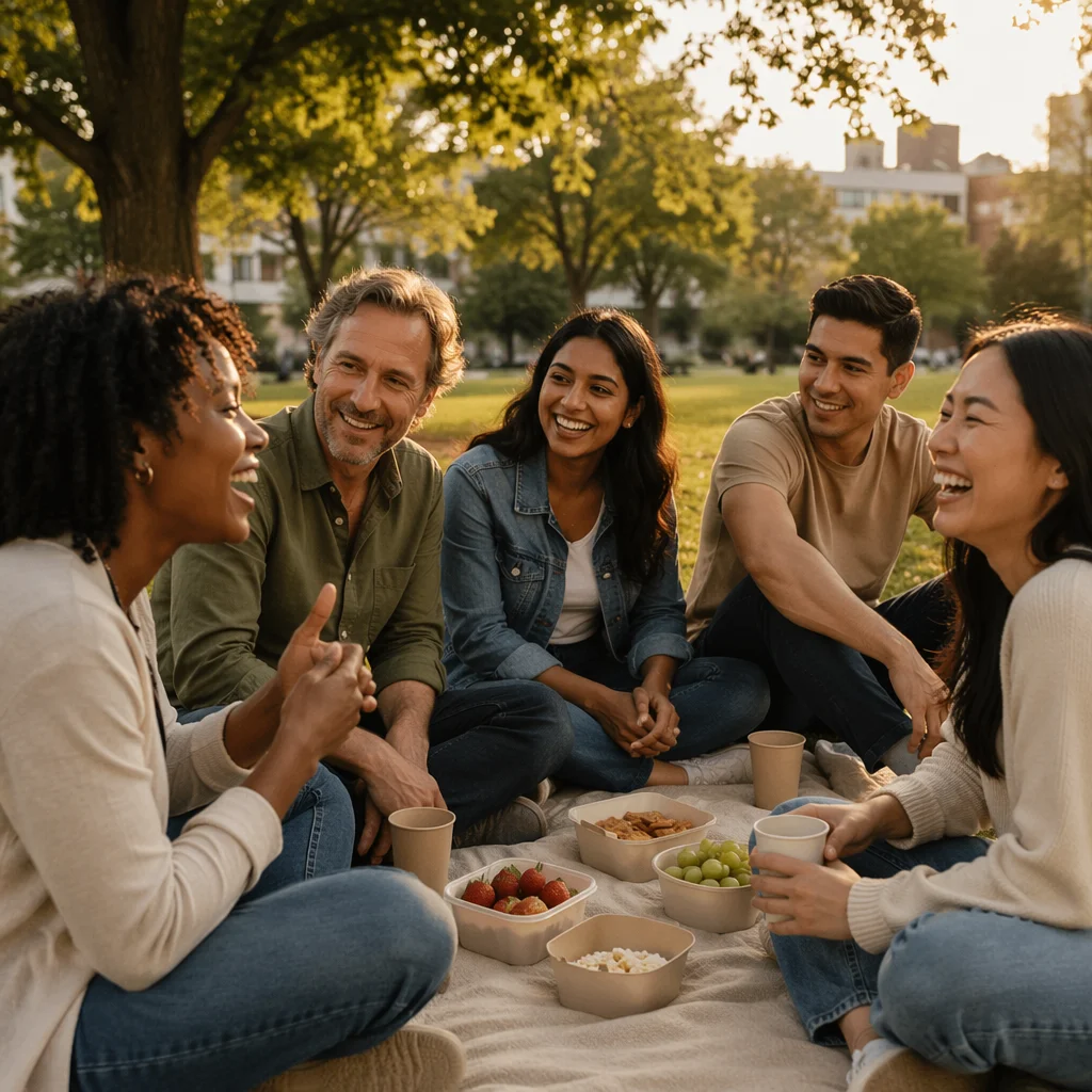 Five Friends Laughing at Park Picnic
