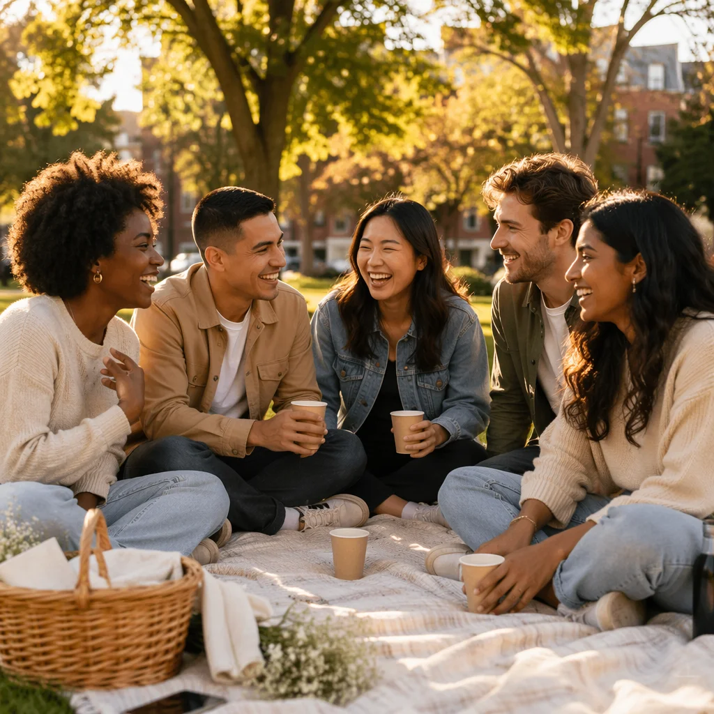 Five Friends Laughing at Park Picnic