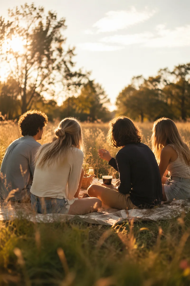 Friends Laughing Together in Golden Meadow