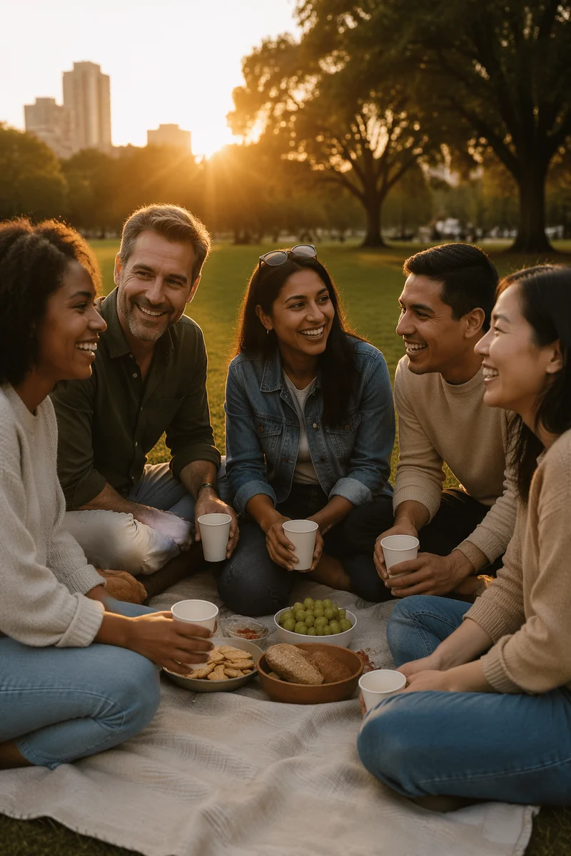Five Friends Laughing at Park Picnic