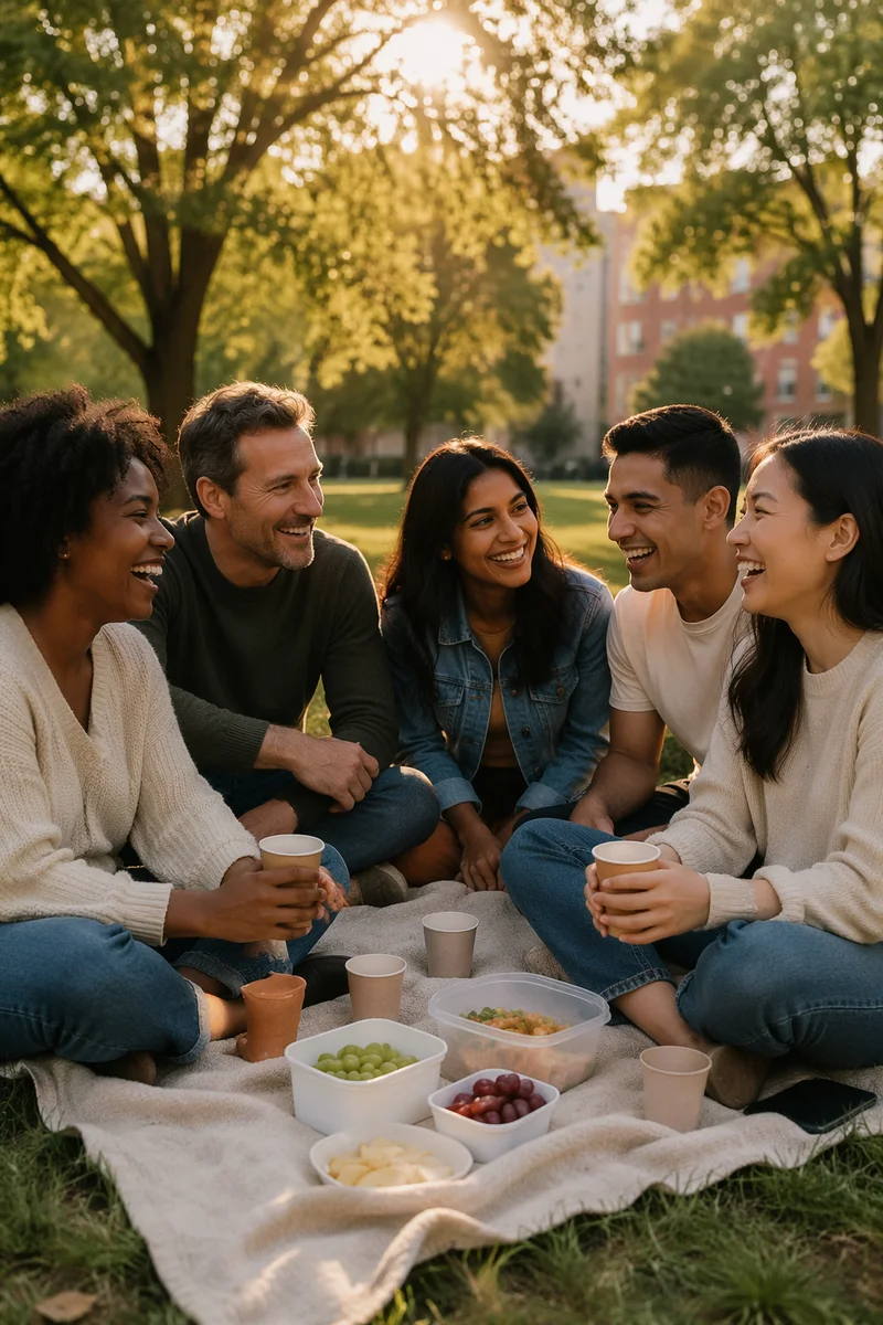 Five Friends Laughing at Park Picnic