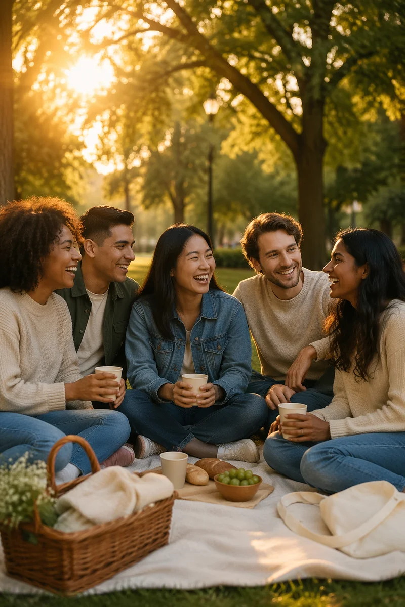 Five Friends Laughing at Park Picnic