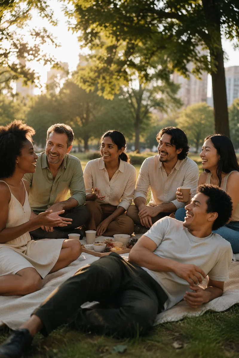 Friends Laughing at Picnic in Park