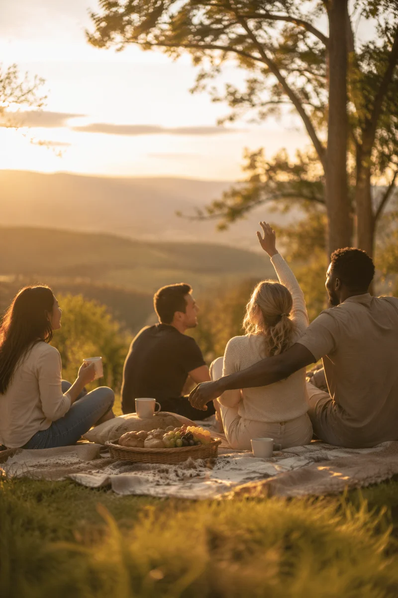 Friends Laughing on Golden Hillside Picnic