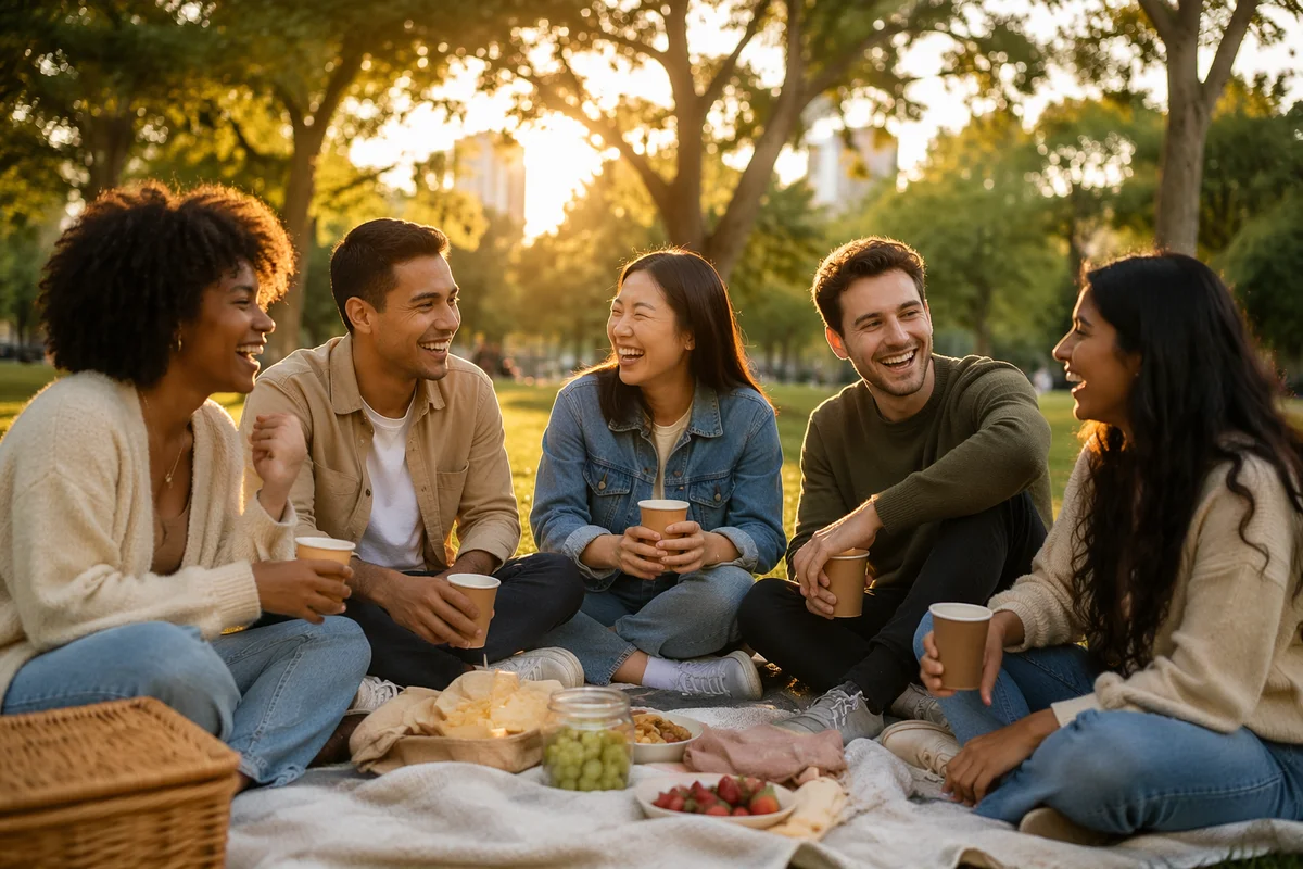 Five Friends Laughing at Park Picnic