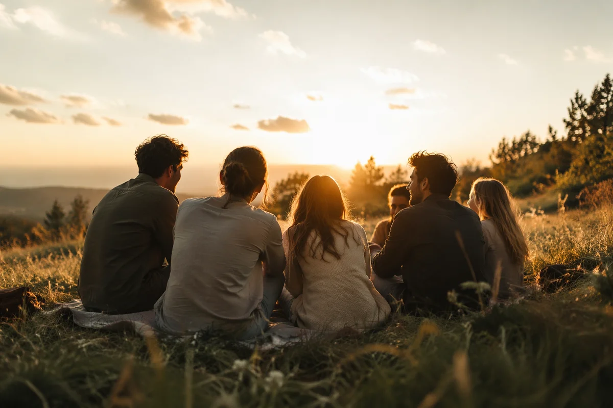 Friends Laughing on Golden Hillside