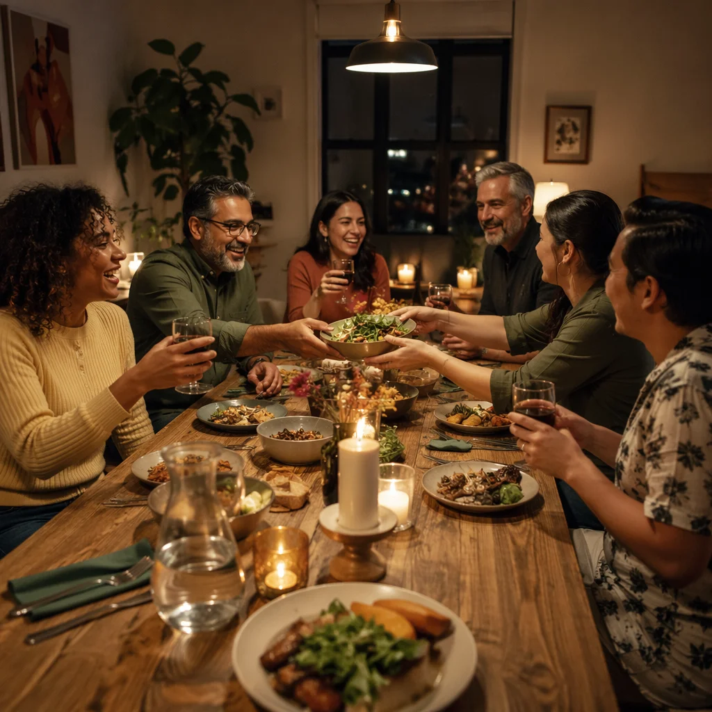 Friends Laughing at Cozy Dinner Celebration