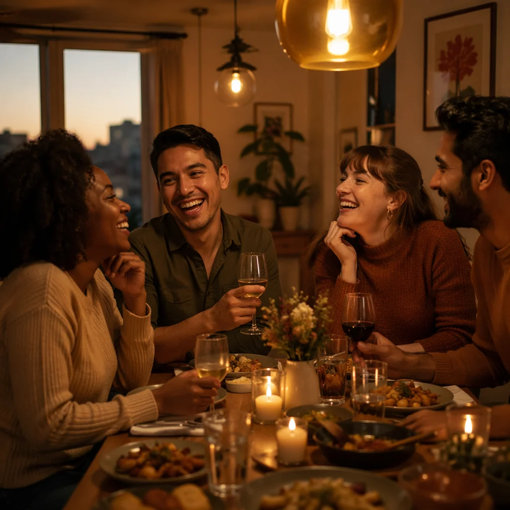 Friends Laughing Around Cozy Dinner Celebration