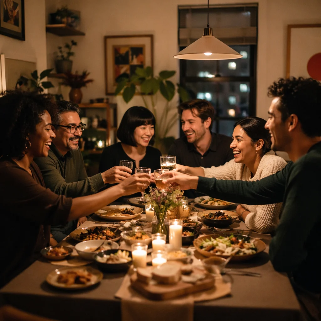 Friends Laughing Around Cozy Dinner Celebration