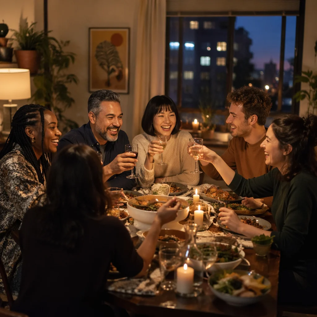 Friends Laughing Around Cozy Dinner Table