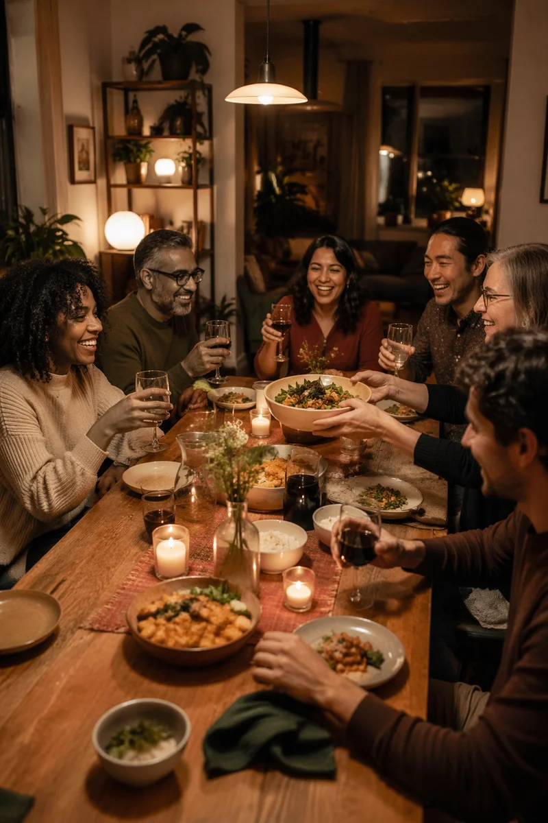 Friends Laughing at Cozy Dinner Table