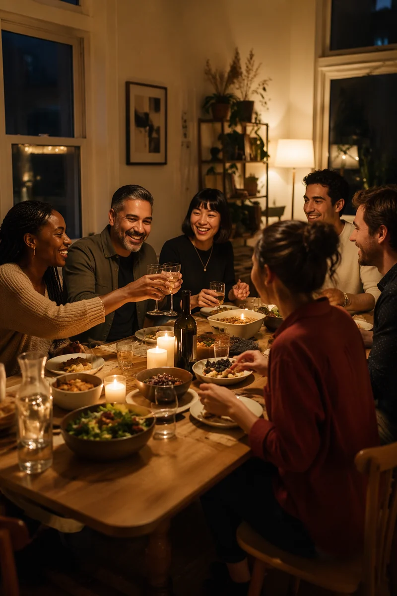 Friends Laughing Around Cozy Dinner Table