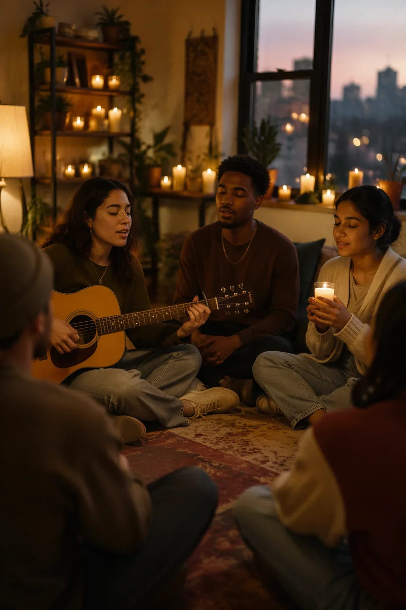 Friends Singing with Guitar by Candlelight
