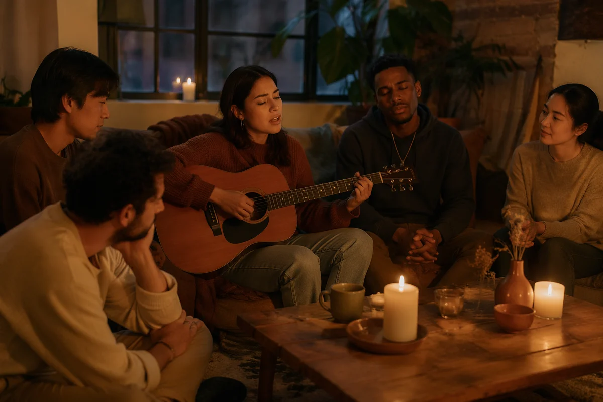 Cozy Acoustic Gathering in Candlelit Loft