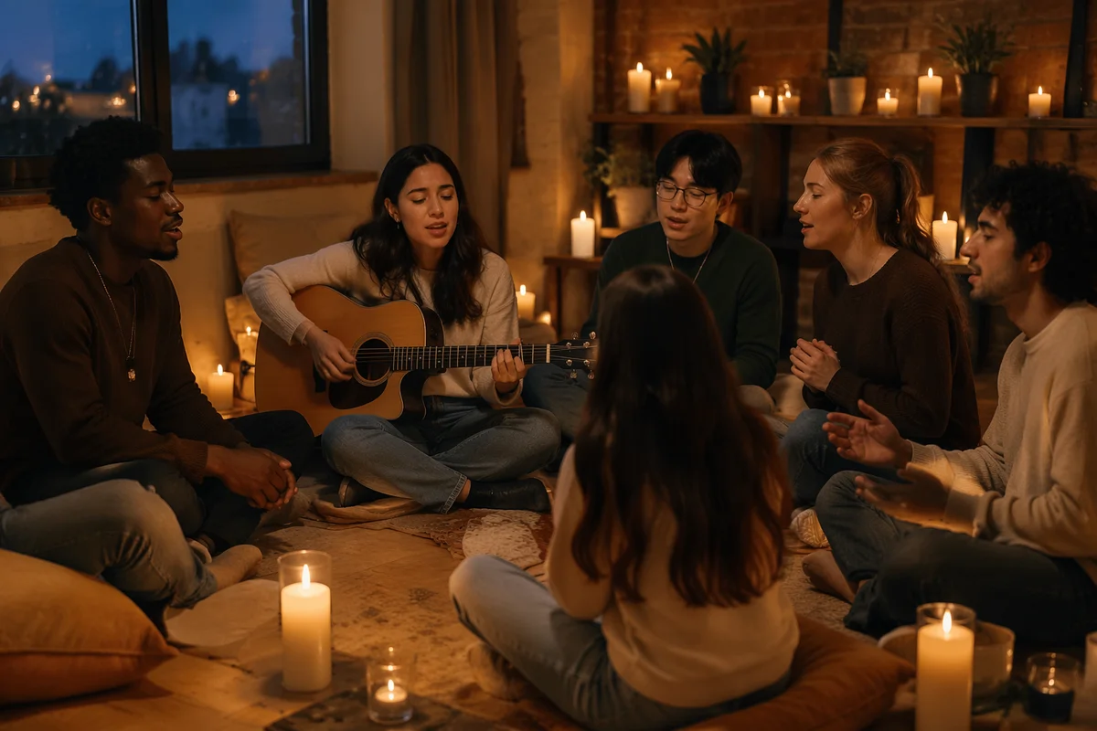 Young Friends Singing in Candlelit Loft