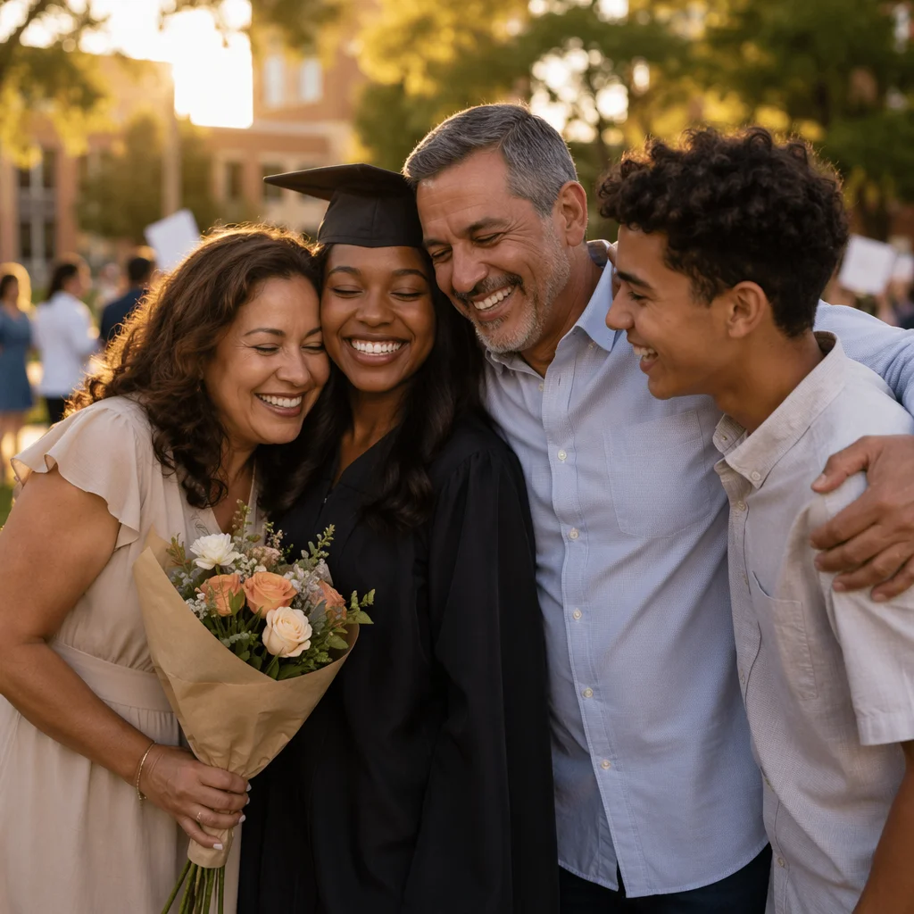 Family Hugging Graduate on Campus Lawn