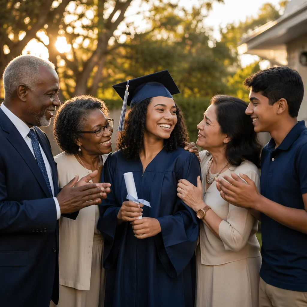 Family Celebrating Graduate in Backyard at Sunset