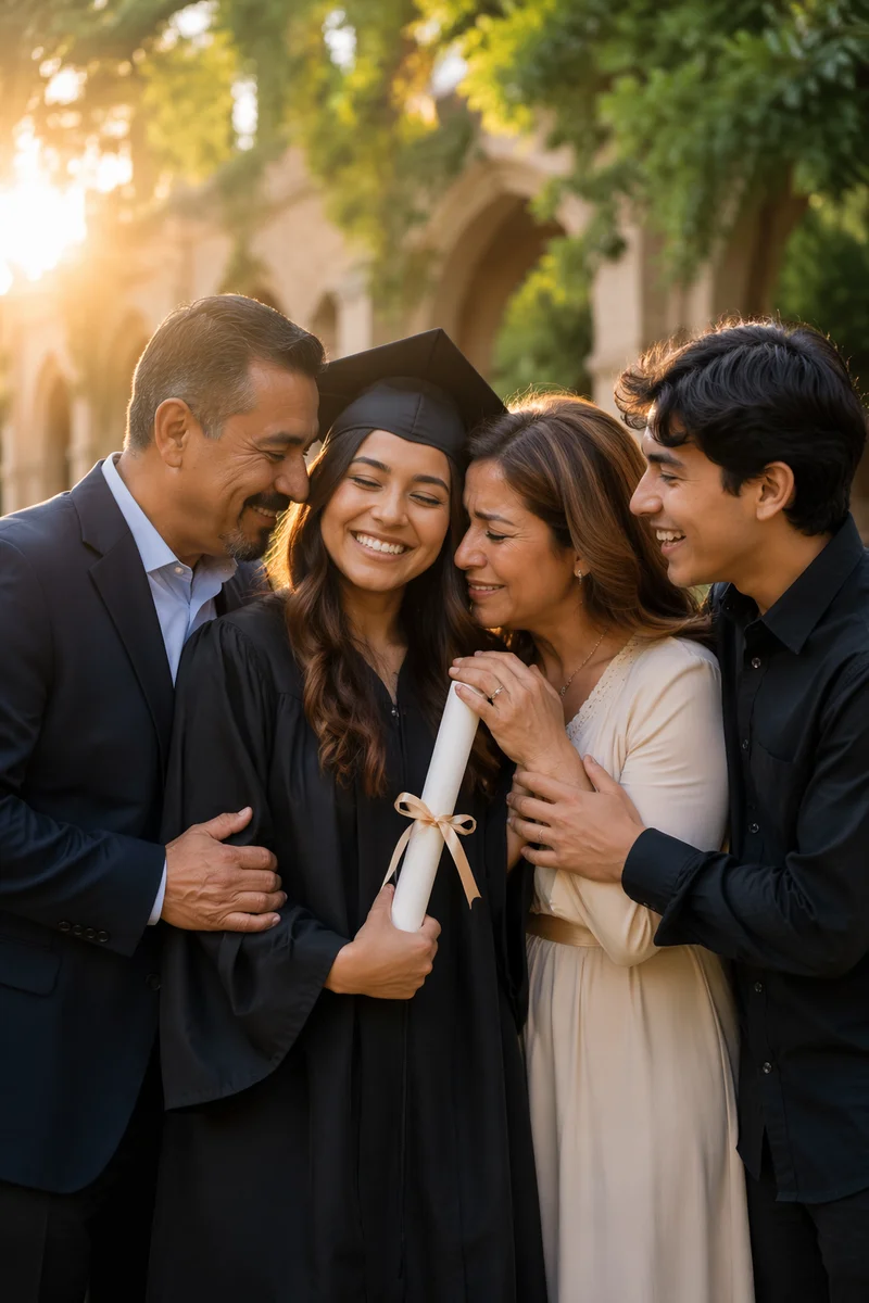 Family Embracing Graduate in Courtyard at Sunset