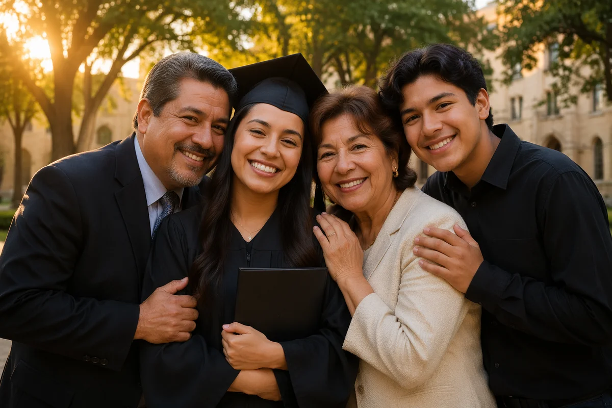 Family Embracing Graduate in Campus Courtyard