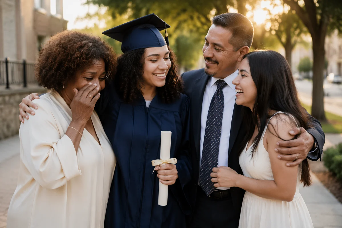 Family Celebrates Graduate on Leafy Walkway