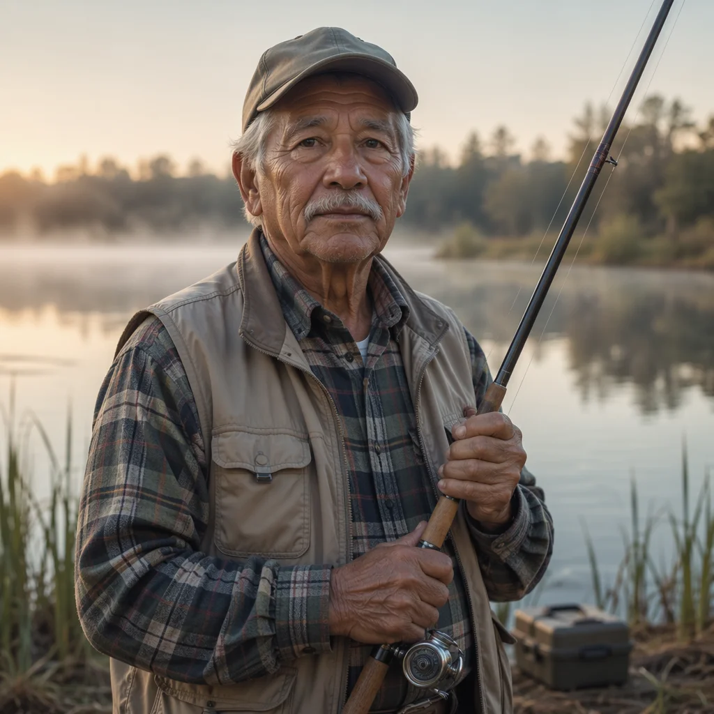 Elderly Grandfather Fishing by Misty Lake