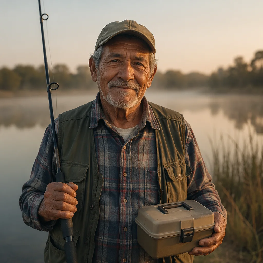 Elderly Fisherman Portrait by Misty Lake
