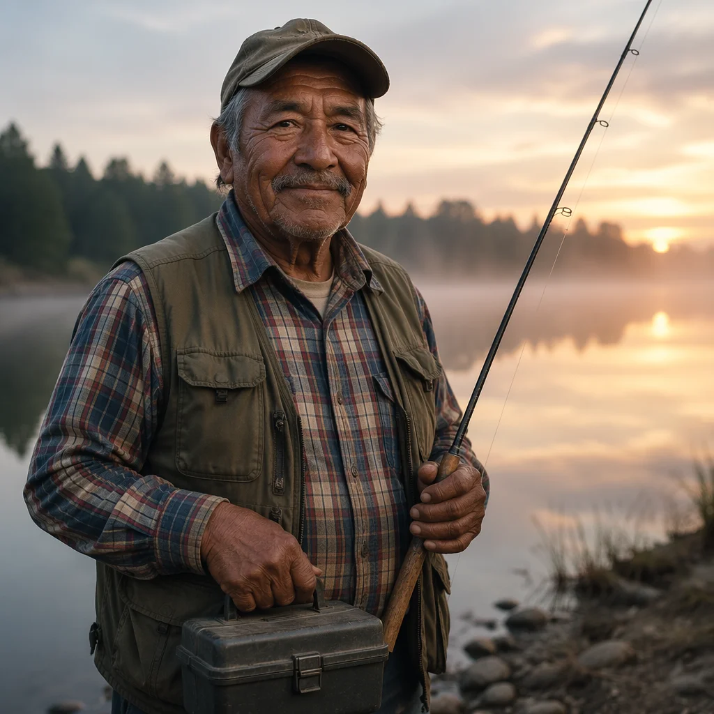 Elderly Fisherman Portrait by Misty Lake