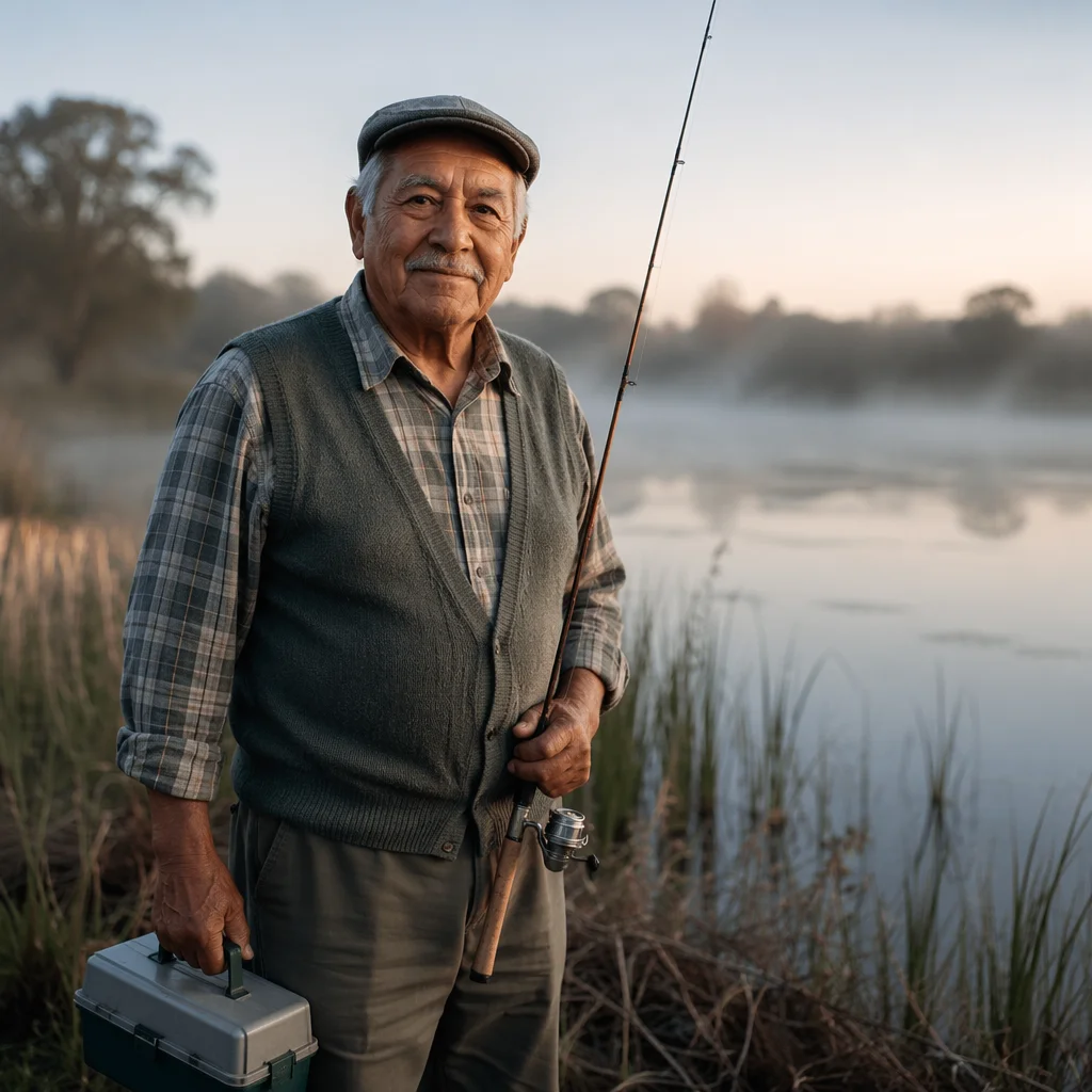 Elderly Fisherman by Misty Morning Lake
