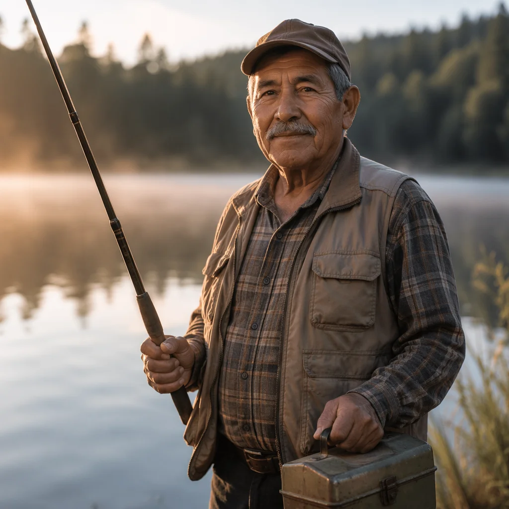 Elderly Grandfather Fishing by Misty Lake